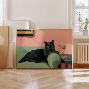 マティーニを持った黒猫のプリント、風変わりなカクテルバーの装飾、かわいいペットの肖像画、気まぐれな猫の壁アート、ミニマリストの壁アート、デジタルダウンロード