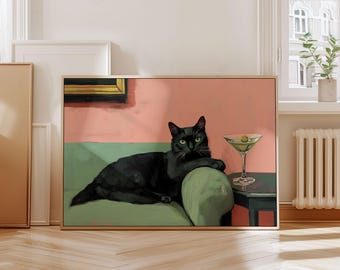 Black Cat with Martini Print, Quirky Cocktail Bar Decor, Cute Pet Portrait, Whimsical Cat Wall Art, Minimalist Wall Art, Digital Download