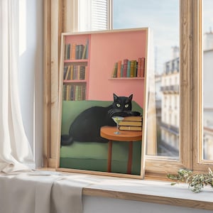 マティーニと本を持った黒猫のプリント、風変わりなカクテルバーの装飾、黒猫の本好きアート、読書用ウォールアート、本好きへのギフト、デジタルプリント