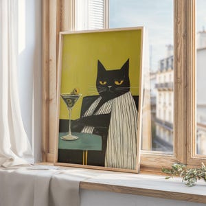 マティーニを添えたミニマリストのタキシード猫のプリント、黄緑の壁アート、抽象的な猫のアートワーク、気まぐれな猫の壁アート、マティーニアート、デジタルダウンロード