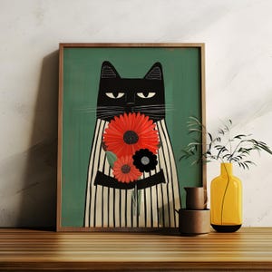 Black Cat with Dahlias Wall Art, Whimsical Cat Wall Art, Boho Floral Decor, Mid Century Modern Cat Art, Green Cat Lover Gift, Digital Print