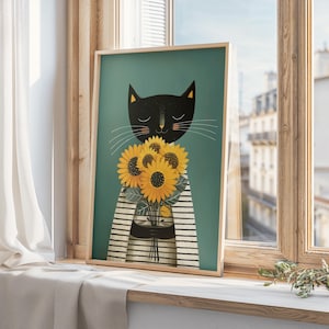 Black Cat with Sunflower Wall Art, Whimsical Cat Wall Art, Boho Floral Decor, Mid Century Modern Cat Art, Cat Lover Gift, Digital Print
