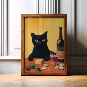 黒猫のデジタルプリント、かわいい風変わりなアート、赤ワインとチーズのポスター、トランプの装飾、バーカートの壁アート、ピンクの背景、カクテルアート