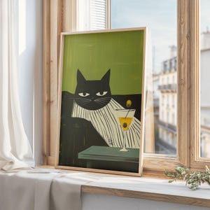 マティーニを添えたミニマリストな猫のプリント、グリーンの壁アート、白黒の装飾、気まぐれな猫の壁アート、マティス スタイル、猫好き、デジタル ダウンロード