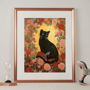 Black Cat Art Print, Klimt Garden Cat Poster, Rose Floral Wall Art, Funny Cat Gift, Gustav Klimt Decor, Digital Download,  Romantic Wall Art