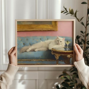 マティーニを持った白い猫のプリント、風変わりなカクテルバーの装飾、かわいいペットの肖像画、気まぐれな猫の壁アート、猫好きへのギフト、デジタルダウンロード