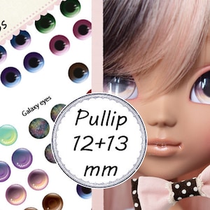 May include: Printable doll eyes for 12mm and 13mm Pullip dolls. The image shows a variety of eye colors and patterns, including galaxy, rainbow, and solid colors. The image also shows a doll with a pink bow tie wearing the galaxy eye pattern.