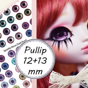 May include: Printable doll eye chips for 12mm and 13mm Pullip dolls. The image shows a variety of eye chips in different colours and patterns, including blue, green, brown, and purple. The text "Sparkle Nova Dark Punil" is visible in the image.