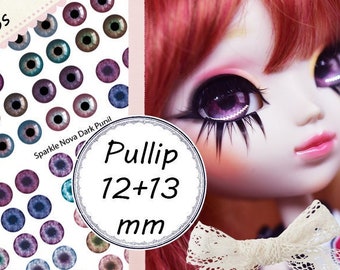 May include: Printable doll eye chips for 12mm and 13mm Pullip dolls. The image shows a variety of eye chips in different colors and patterns, including blue, green, brown, and purple. The text "Sparkle Nova Dark Punil" is visible in the image.