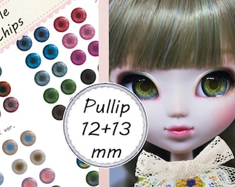 May include: Printable doll eyes for Pullip dolls, 12mm and 13mm in size. The image shows a variety of colors and styles, including dual-color light versions.  The image also shows a doll with green eyes.