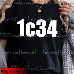 May include: Black t-shirt with the white text "1C34" in a bold, sans-serif font. The shirt is a solid color, and the text is centered. The image also includes the text "Patricia Decor Art" in a script font.