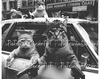May include: Black and white image of several cats in a car, each wearing bandanas and holding guns. The cats have tattoos on their arms. The image has text in the background.