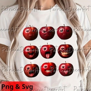 May include: White t-shirt featuring a design of nine red apples with various facial expressions. The text "Png & Svg" is at the bottom. The shirt has the watermark "Patricia Decor Art".