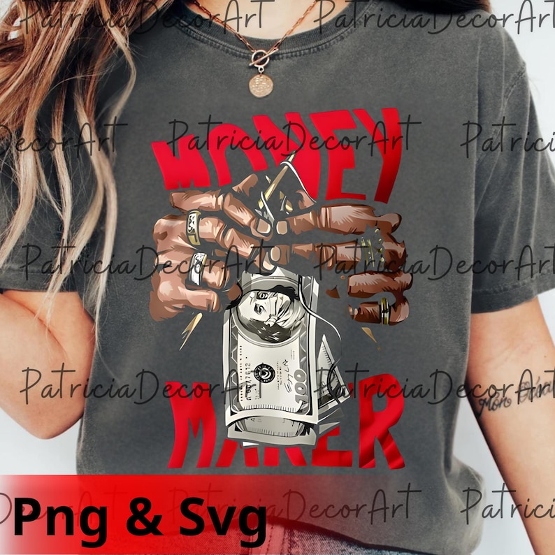 May include: Dark gray t-shirt with a red "MONEY MAKER" graphic. The design features hands holding a stack of $100 bills and a tattoo gun. The image includes the text "Png & Svg".