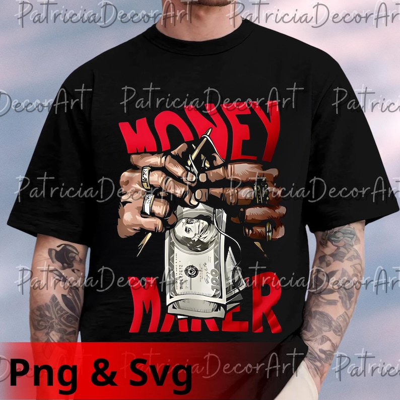 May include: Black t-shirt with a red graphic that says "MONEY MAKER". The graphic features hands holding a stack of $100 bills and a money clip. The design includes gold rings and a money clip.