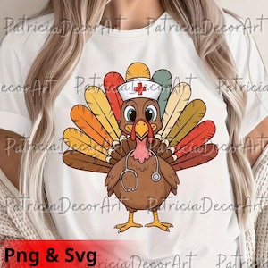 May include: White t-shirt featuring a cartoon turkey wearing a nurse's hat with a red cross and a stethoscope. The turkey has colorful feathers in shades of orange, yellow, and red. The text "Png & Svg" is at the bottom.