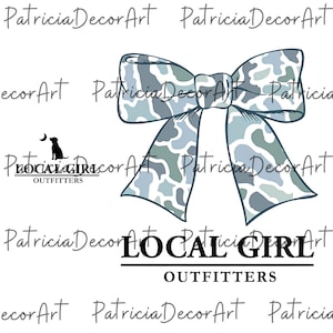May include: A large bow with a camouflage pattern in shades of blue and gray. The bow is centered on a white background. The text "LOCAL GIRL OUTFITTERS" is below the bow, with a silhouette of a dog and moon above the text.