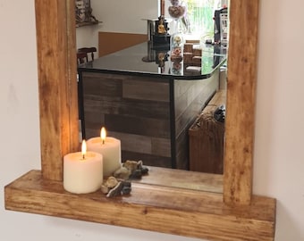 Bespoke rustic handmade chunky wooden mirror with shelf