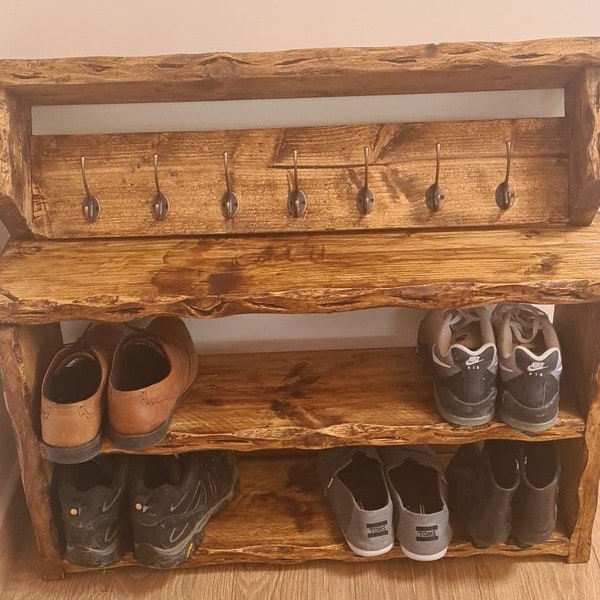 Beautiful rustic wood coat rail hanger with shelf and shoe rack bench. Hand crafted for a unique finish, different width sizes available.
