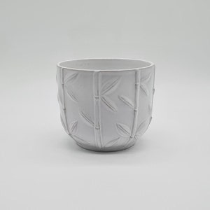 Könnte beinhalten: Weißer Keramiktopf mit einem erhabenen Bambusdesign. Der Topf ist rund und hat einen leicht ausgestellten Rand.