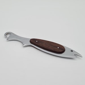 Fish bottle opener cap lifter metal teak chrome vintage design 1950s 1960s 50s 60s bar accessories space age mid century