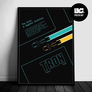May include: A black and white poster with a blue and yellow design. The poster features the text "The Grid. A digital frontier." and "TRON Legacy 2010".