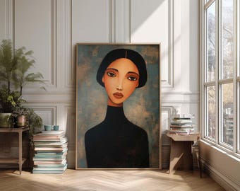Maximalist American Woman Wall Art - Oil Painting Woman Portrait Poster - Digital Print for Trendy Living Room Decor - Instant Download Art