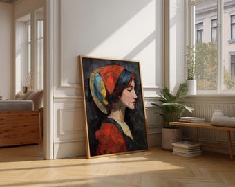 Boho Woman Portrait: Colorful Oil Painting Style Art (Digital Download)