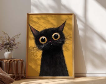 Funny Black Cat Portrait - Maximalist Cat Wall Art - Digital Art Prints (Digital Download)