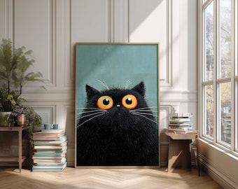 黒猫の絵画、タバコを吸う猫、猫の壁アート、猫好きのプリント、猫の