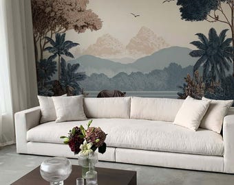Mural de papel pintado tropical, mural de pared de selva vintage, papel pintado autoadhesivo de safari de rinocerontes, decoración de pared de naturaleza antigua, mural botánico retro.