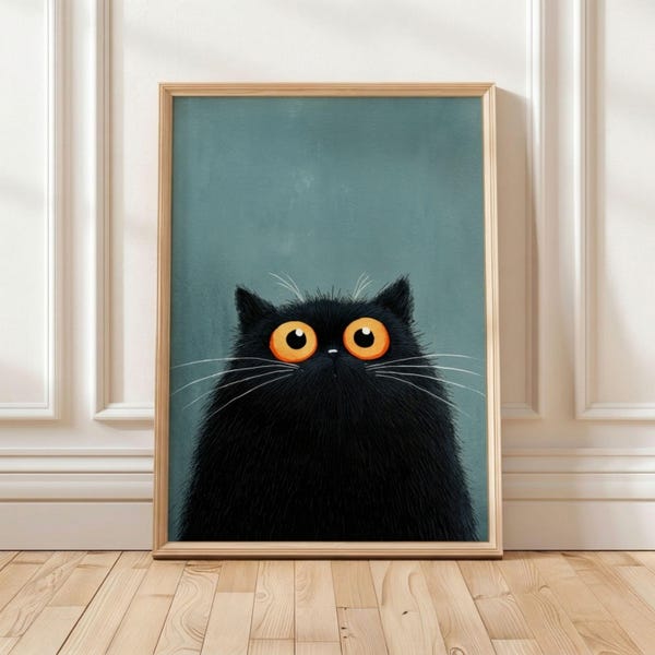 Maximalist Black Cat Digital Wall Art Print - Funny Cat Poster - Cute Black Cat Portrait - Printable Digital Download for Home Decor Gifts