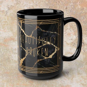 Kintsugi Coffee Mug: Black Marble, Beautifully Broken, 15oz