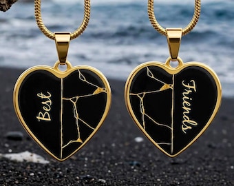 Best Friends Pendant Duo PERSONALIZE * Black Gold KINTSUGI Heart Jewelry, Kintsugi Necklaces, Meaningful Gift Friendship Pendants