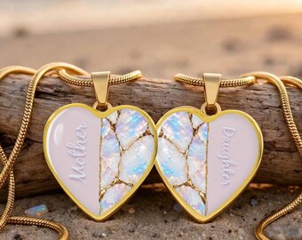 Mother Daughter Opaline Pendant Duo PERSONALIZE * Opal Pink  KINTSUGI Heart Geode Jewelry, Meaningful Cotton Candy Gift Keepsakes Necklaces