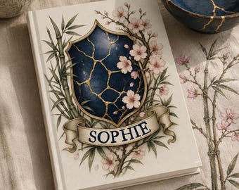 PERSONALIZE * Kintsugi Inspired Floral Crest Hardcover Journal | Wabi-Sabi Affirmation Notebook, Beautiful Broken Grief Gratitude Journal