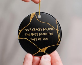 Kintsugi Ceramic Valentine Ornament, Couples Two-Sided Black & Gold Print, Love Gift