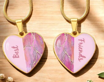 Best Friends Pendant Duo PERSONALIZE * KINTSUGI Pink Rice Paper Heart Geode Jewelry, Meaningful Wabi Sabi Gift Friendship Necklaces