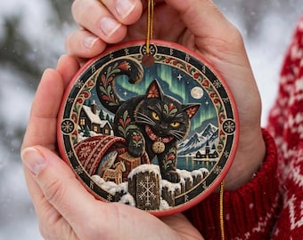 Personalize Decorative Icelandic Folklore Black Cat Ceramic Ornaments, Double-Sided Gift Ornament, Nordic Folklore Merry Yule