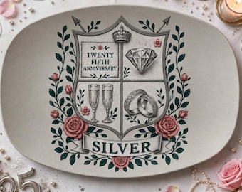 SILVER ANNIVERSARY Commemorative Platter: Twenty-Five Years Serving Tray, Hostess Party Gift, Matt Finish