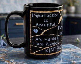Japanese Kintsugi Quoted, Kintsugi in Blue Cracks Design Mug | Large Black 15oz Gift Mug, Couples Message Mug, Daily Affirmations