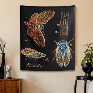 Summer CICADA Illustration Tapestries, Bug Tapestry,  Affordable Big Art, Minimal Cicada Tapestry, Large Wall Hanging, Boho Home, Insect Art