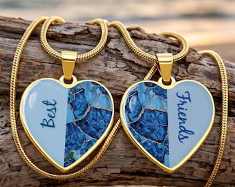 Best Friends Pendant Duo PERSONALIZE * KINTSUGI Saphire Blue Heart Geode Jewelry, Kintsugi Necklaces, Meaningful Gift Friendship Pendants