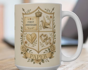 PERSONALIZE * Vintage Floral Crest First Anniversary Mug | Personalized Names, Paper Anniversary Gift Mug