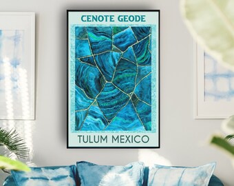 Tulum Cenote Geode Large Poster Print, Turquoise Kintsugi Agate Print, Vacation Poster, Large Wall Art, Man Cave Art, Living Room Art Print