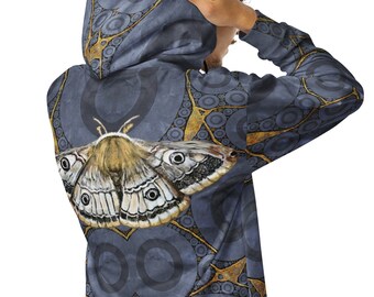 Emperor Moth Unisex zip hoodie, Blue Jean Kintsugi Print, Trendy Hoodie, Mystic Slate Blue Hoodie, Gothic Moth Zipper Unique Hooded Sweater