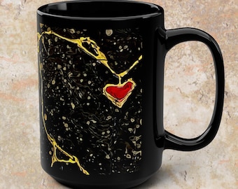 Kintsugi Heart Mug: Black & Gold Inspirational Affirmation Gift Mug