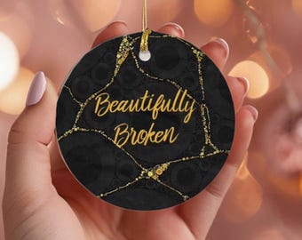 Kintsugi Ornament: Black Ceramic with Gold String, Inspirational Message
