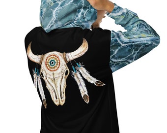 Turquoise South West Unisex Zip Hoodie, Cow Skull Zippered Sweatshirt, Feathered Skull, Unique Skull Sweater, Geode Teal Hooded Sweatshirt