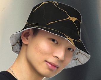 Kintsugi Reversible Bucket Hat: Black & White Gold Streetwear, Japanese Style Cap